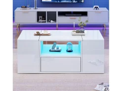 Mesa de centro lacada en alto brillo - 100 x 50 x 40 cm - con 1 cajón + LED + 6 compartimentos de almacenamiento - tablero de partículas - blanco