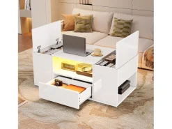 Mesa de centro lacada en alto brillo - 100 x 50 x 40 cm - con 1 cajón + LED + 6 compartimentos de almacenamiento - tablero de partículas - blanco