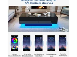Mesa de centro LED con 2 cajones, diseño moderno, color negro, (115x55x34 cm)