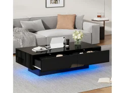 Mesa de centro LED con 2 cajones, diseño moderno, color negro, (115x55x34 cm)