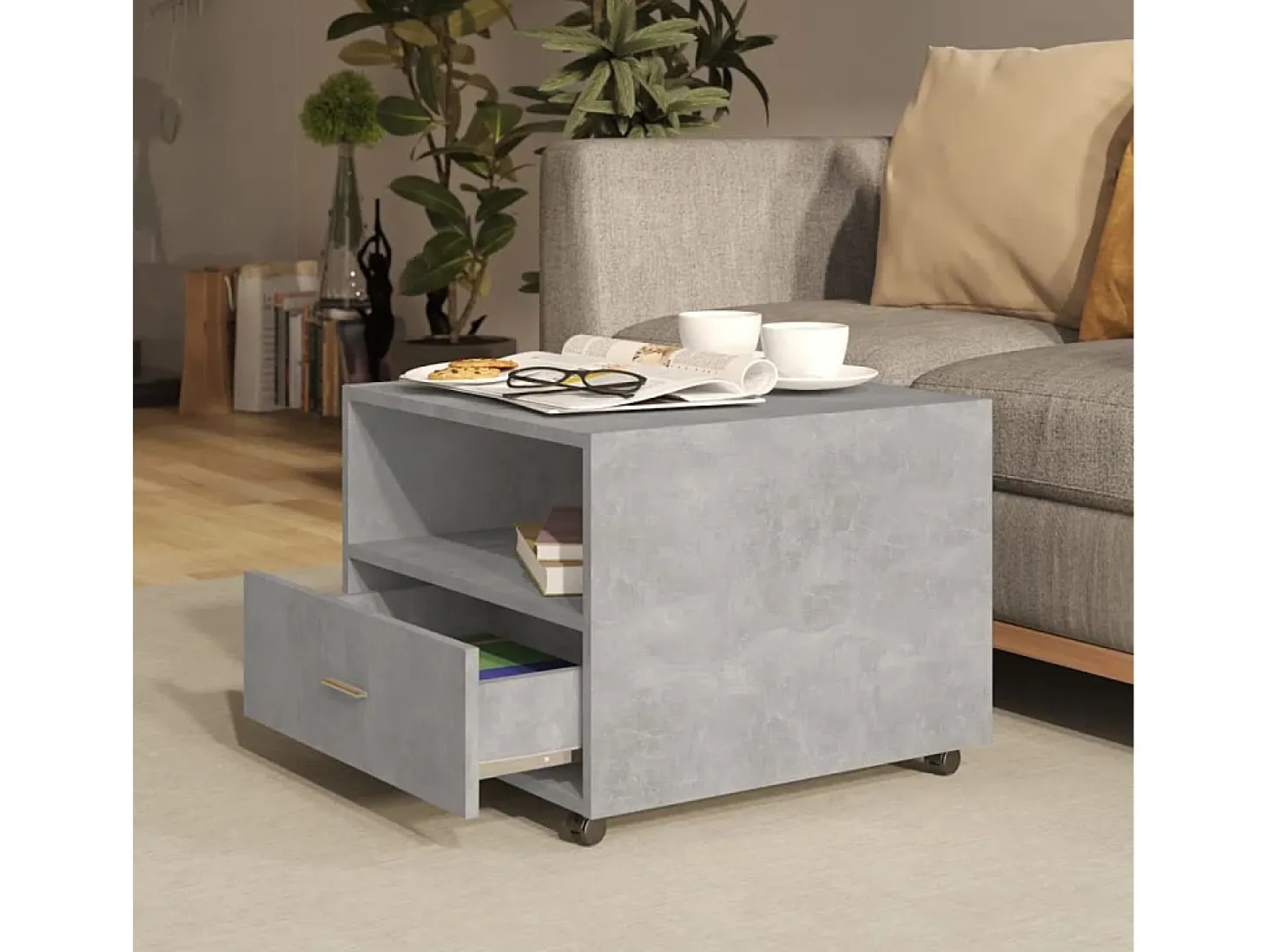 Mesa de centro madera contrachapada gris hormigón 55x55x40 cm