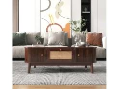Mesa de centro, Mesa auxiliar con cajones de ratán y puertas correderas, Patas de madera maciza, Marrón