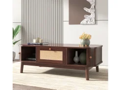 Mesa de centro, Mesa auxiliar con cajones de ratán y puertas correderas, Patas de madera maciza, Marrón