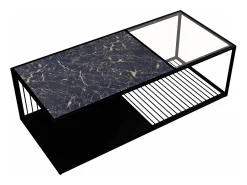 Mesa de centro, mesa de centro de hierro forjado con cristal, gran espacio de almacenamiento.