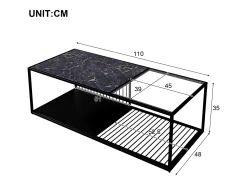 Mesa de centro, mesa de centro de hierro forjado con cristal, gran espacio de almacenamiento.