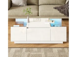 Mesa de centro moderna - 105 x 50 x 35 cm - con 2 cajones + LED - tablero de cristal - aglomerado - blanco