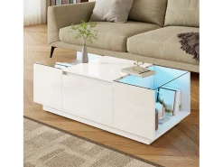 Mesa de centro moderna - 105 x 50 x 35 cm - con 2 cajones + LED - tablero de cristal - aglomerado - blanco