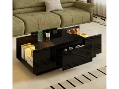 Mesa de centro moderna - 105 x 50 x 35 cm - con 2 cajones + LED - tablero de cristal - aglomerado - negro
