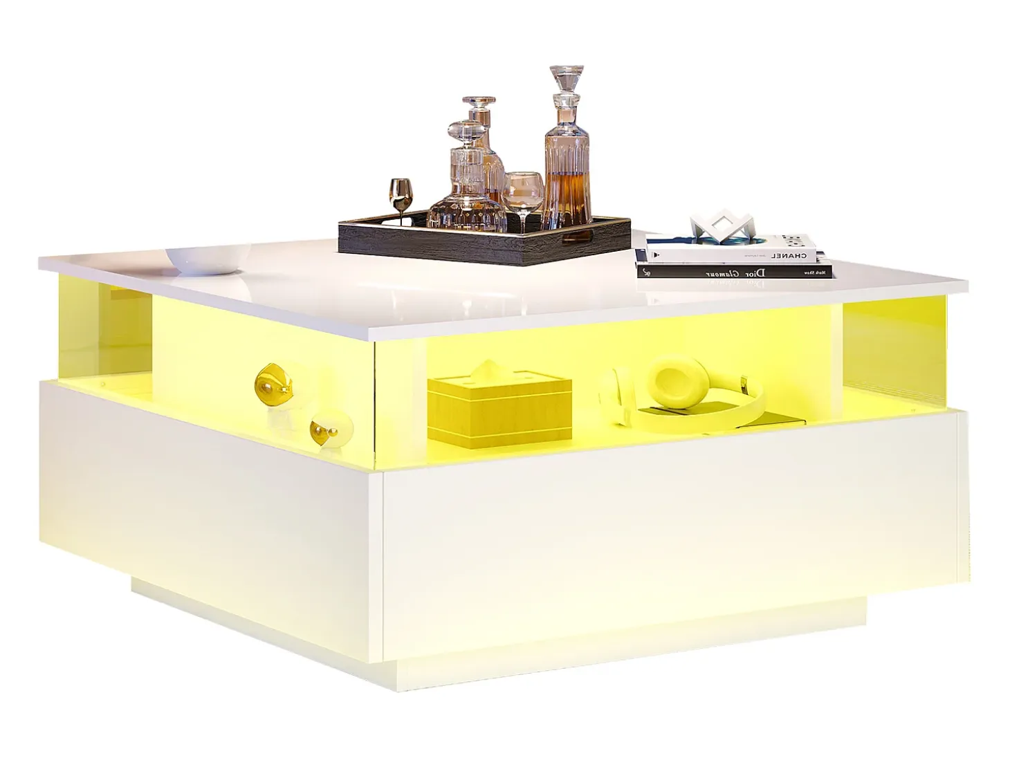 Mesa de centro moderna - con 2 cajones + compartimentos de cristal - Blanco