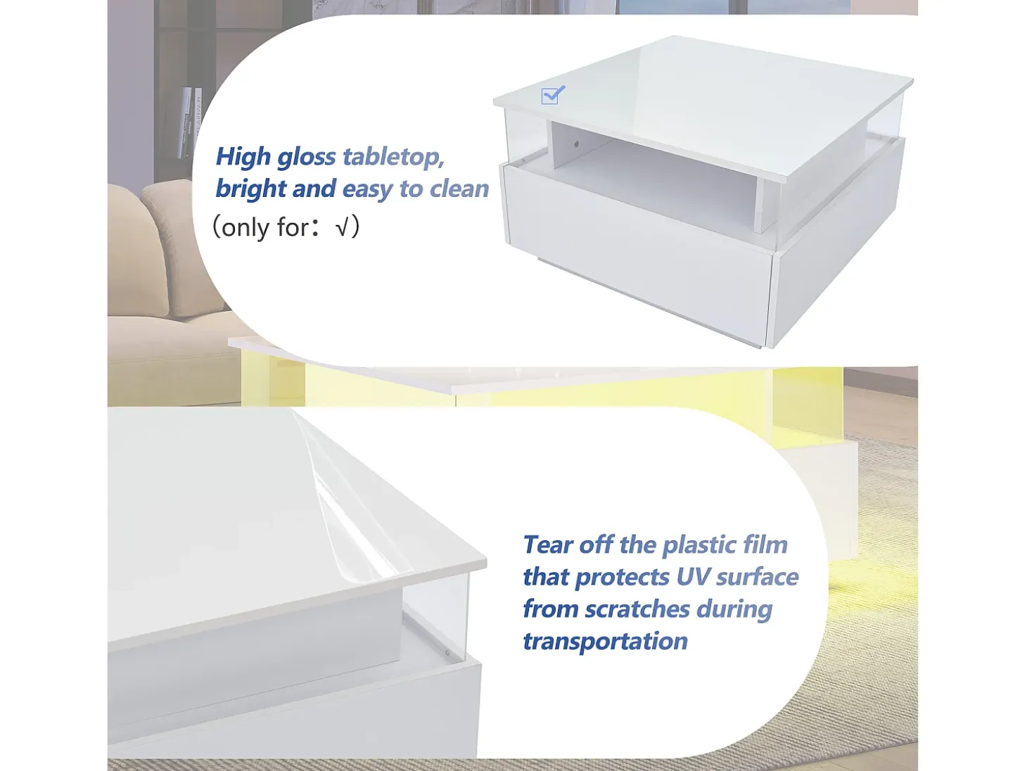 Mesa de centro moderna - con 2 cajones + compartimentos de cristal - Blanco