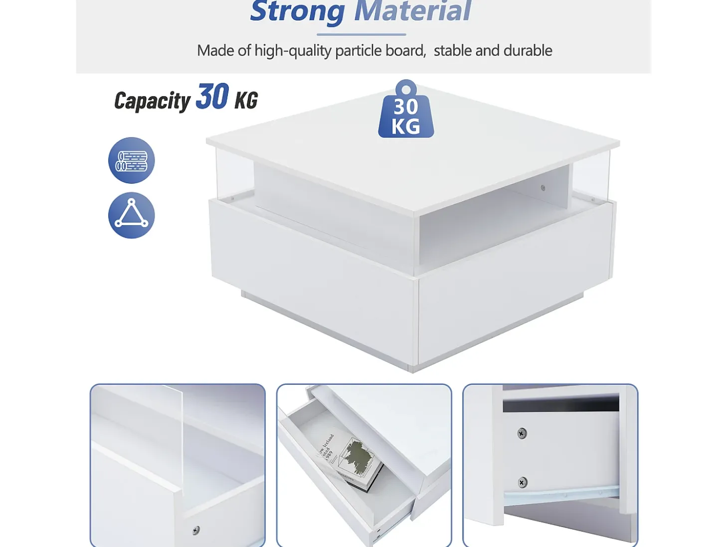 Mesa de centro moderna - con 2 cajones + compartimentos de cristal - Blanco