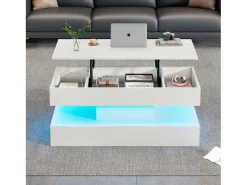 Mesa de centro moderna - Mesa de centro blanca con iluminación LED y toma de carga - elevación hidráulica