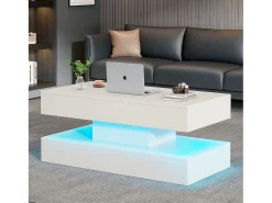 Mesa de centro moderna - Mesa de centro blanca con iluminación LED y toma de carga - elevación hidráulica
