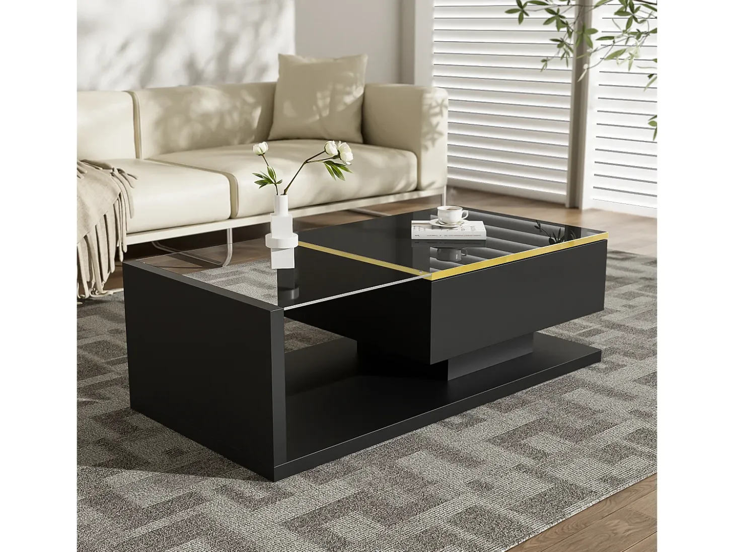 Mesa de centro moderna - Vidrio - Iluminación LED - Almacenamiento - Negro