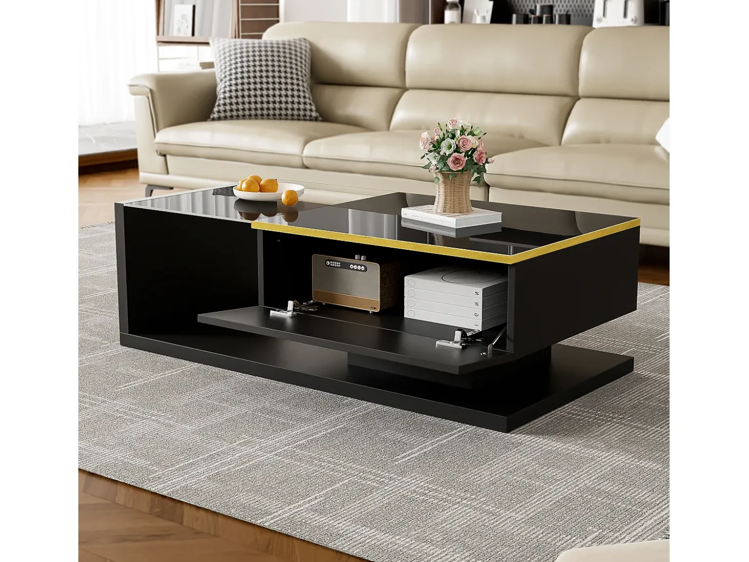 Mesa de centro moderna - Vidrio - Iluminación LED - Almacenamiento - Negro