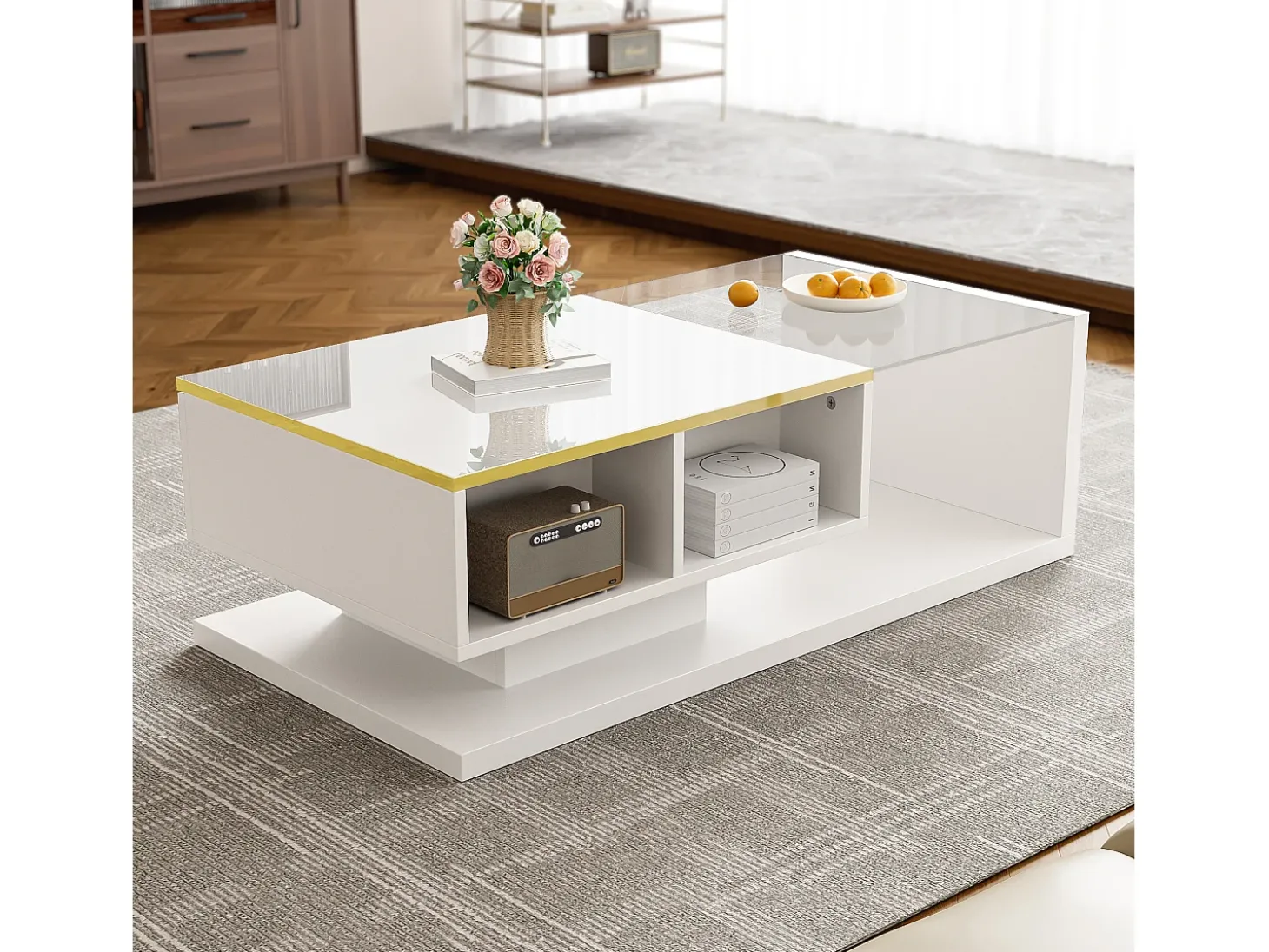 Mesa de centro moderna - Vidrio - Iluminación LED - Almacenamiento - Blanco