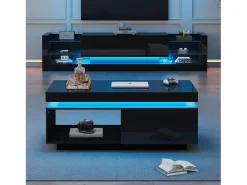 Mesa de centro moderna con iluminación LED, 1 cajón, alto brillo, color negro (100x50x40,3 cm)