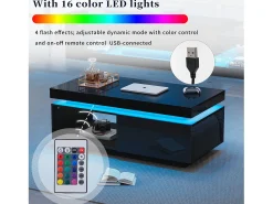 Mesa de centro moderna con iluminación LED, 1 cajón, alto brillo, color negro (100x50x40,3 cm)