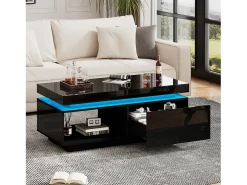 Mesa de centro moderna con iluminación LED, 1 cajón, alto brillo, color negro (100x50x40,3 cm)