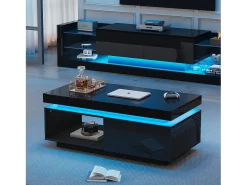 Mesa de centro moderna con iluminación LED, 1 cajón, alto brillo, color negro (100x50x40,3 cm)