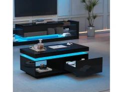 Mesa de centro moderna con iluminación LED, 1 cajón, alto brillo, color negro (100x50x40,3 cm)