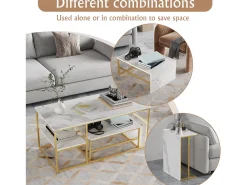 Mesa de centro moderna con almacenamiento de doble capa: diseño anticolisión con esquinas redondeadas, tablero grande de 105 cm con estantes abiertos.
