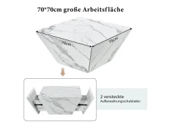 Mesa de centro moderna con forma de tambor, chapa de mármol blanco, 2 cajones, madera MDF, 70 x 70 x 37 cm