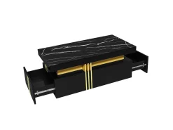 Mesa de centro moderna con 2 cajones en chapa de mármol negro, bordes laterales de metal dorado.