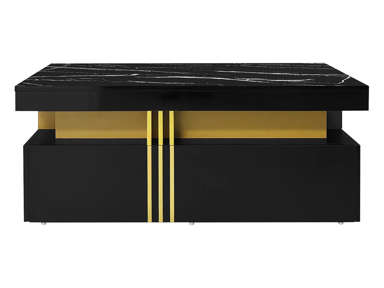 Mesa de centro moderna con 2 cajones en chapa de mármol negro, bordes laterales de metal dorado.