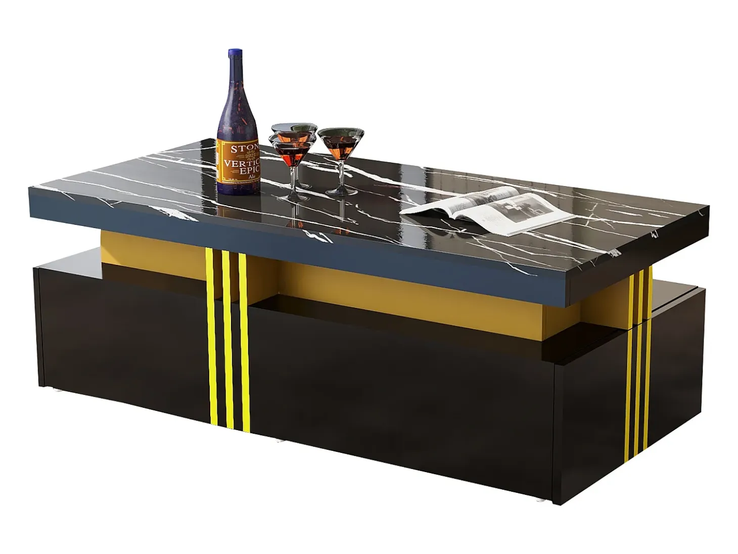 Mesa de centro moderna con 2 cajones en chapa de mármol negro, bordes laterales de metal dorado.