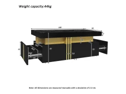 Mesa de centro moderna con 2 cajones en chapa de mármol negro, bordes laterales de metal dorado.