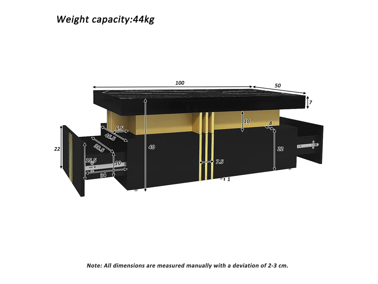 Mesa de centro moderna con 2 cajones en chapa de mármol negro, bordes laterales de metal dorado.