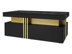 Mesa de centro moderna con 2 cajones en chapa de mármol negro, bordes laterales de metal dorado.