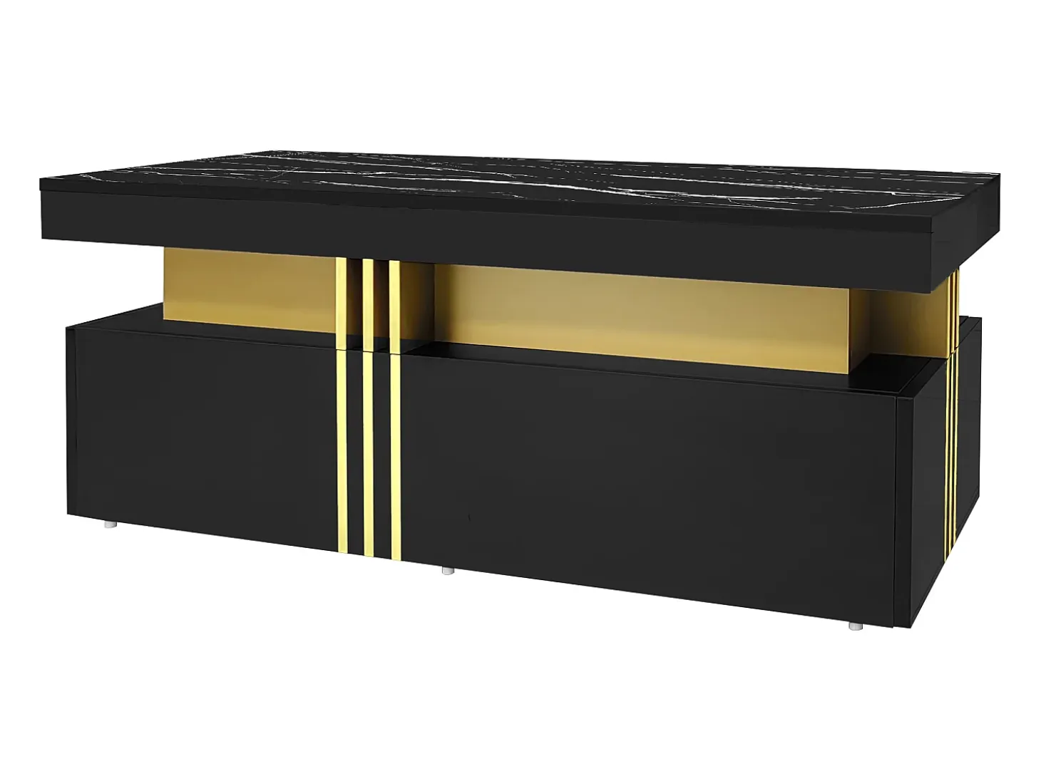 Mesa de centro moderna con 2 cajones en chapa de mármol negro, bordes laterales de metal dorado.