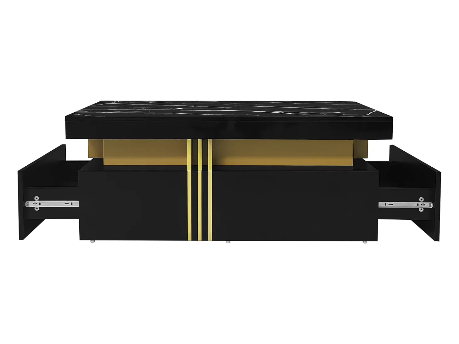 Mesa de centro moderna con 2 cajones en chapa de mármol negro, bordes laterales de metal dorado.