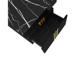 Mesa de centro moderna con 2 cajones en chapa de mármol negro, bordes laterales de metal dorado.