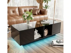 Mesa de centro moderna con 2 puertas y 2 compartimentos - 120 x 50 x 38,5 cm - LED - Cristal, MDF, tablero de partículas - Negro brillante