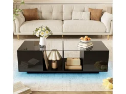 Mesa de centro moderna con 2 puertas y 2 compartimentos - 120 x 50 x 38,5 cm - LED - Cristal, MDF, tablero de partículas - Negro brillante