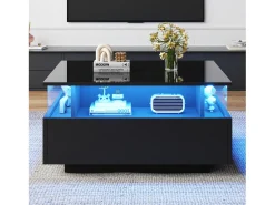 Mesa de centro moderna con 2 cajones y espacio transparente - 70 x 70 x 41 cm - LED - Tablero de partículas - Negro brillante