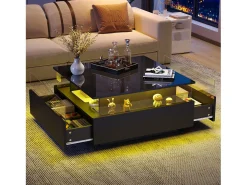 Mesa de centro moderna con 2 cajones y espacio transparente - 70 x 70 x 41 cm - LED - Tablero de partículas - Negro brillante