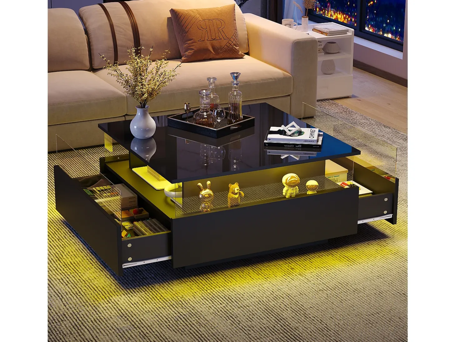 Mesa de centro moderna con 2 cajones y espacio transparente - 70 x 70 x 41 cm - LED - Tablero de partículas - Negro brillante