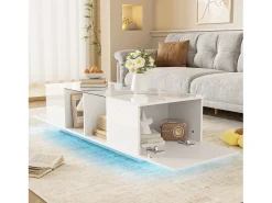 Mesa de centro moderna con 2 puertas y 2 compartimentos - 120 x 50 x 38,5 cm - LED - Cristal, MDF, tablero de partículas - Blanco brillo