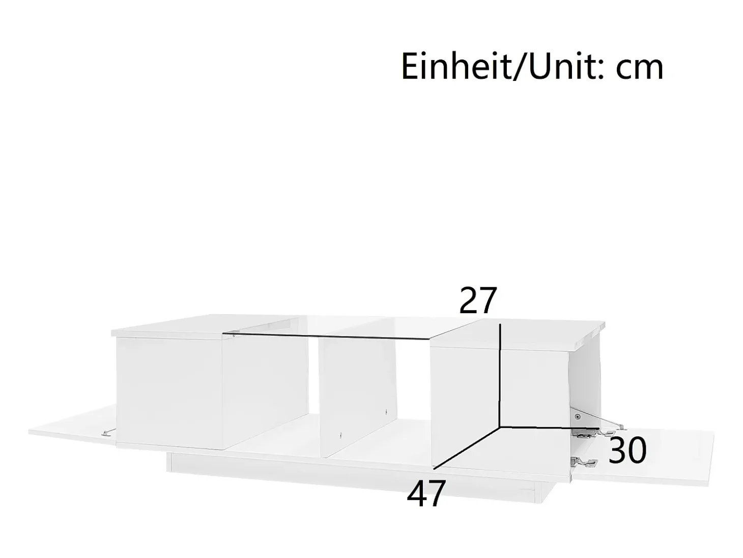 Mesa de centro moderna con 2 puertas y 2 compartimentos - 120 x 50 x 38,5 cm - LED - Cristal, MDF, tablero de partículas - Blanco brillo