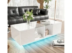 Mesa de centro moderna con 2 puertas y 2 compartimentos - 120 x 50 x 38,5 cm - LED - Cristal, MDF, tablero de partículas - Blanco brillo