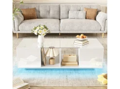 Mesa de centro moderna con 2 puertas y 2 compartimentos - 120 x 50 x 38,5 cm - LED - Cristal, MDF, tablero de partículas - Blanco brillo