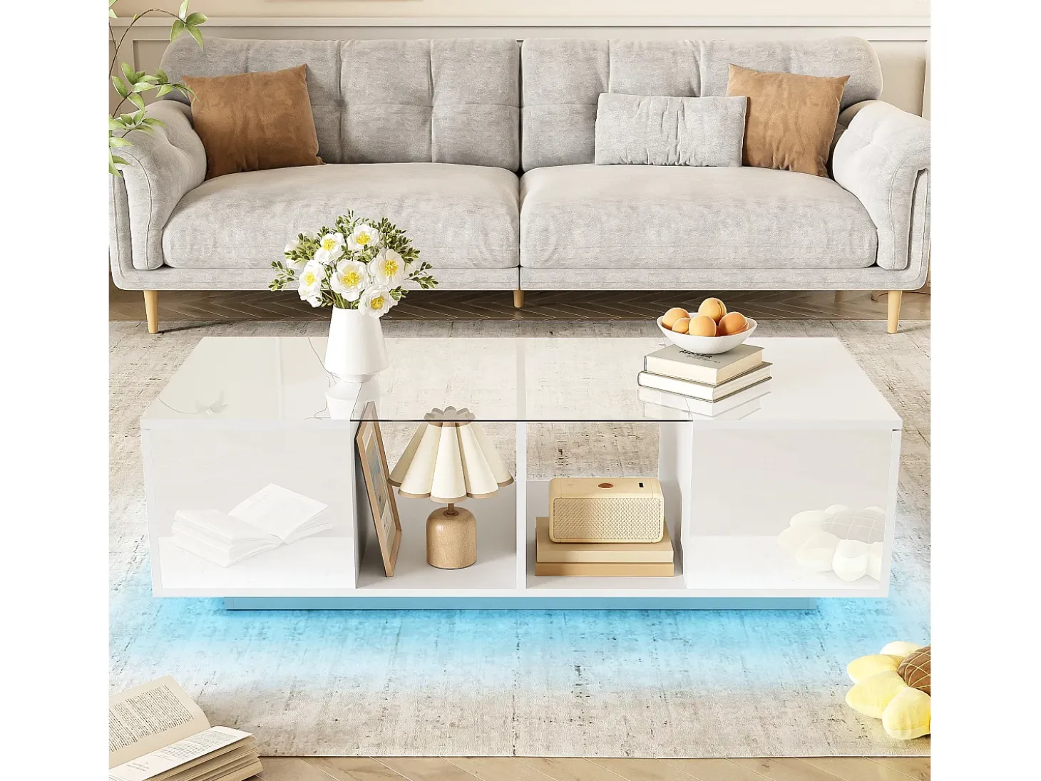 Mesa de centro moderna con 2 puertas y 2 compartimentos - 120 x 50 x 38,5 cm - LED - Cristal, MDF, tablero de partículas - Blanco brillo
