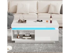 Mesa de centro moderna con iluminación LED, 2 cajones, paneles acrílicos, color blanco (100x50x40,3 cm)