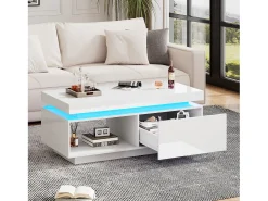 Mesa de centro moderna con iluminación LED, 2 cajones, paneles acrílicos, color blanco (100x50x40,3 cm)