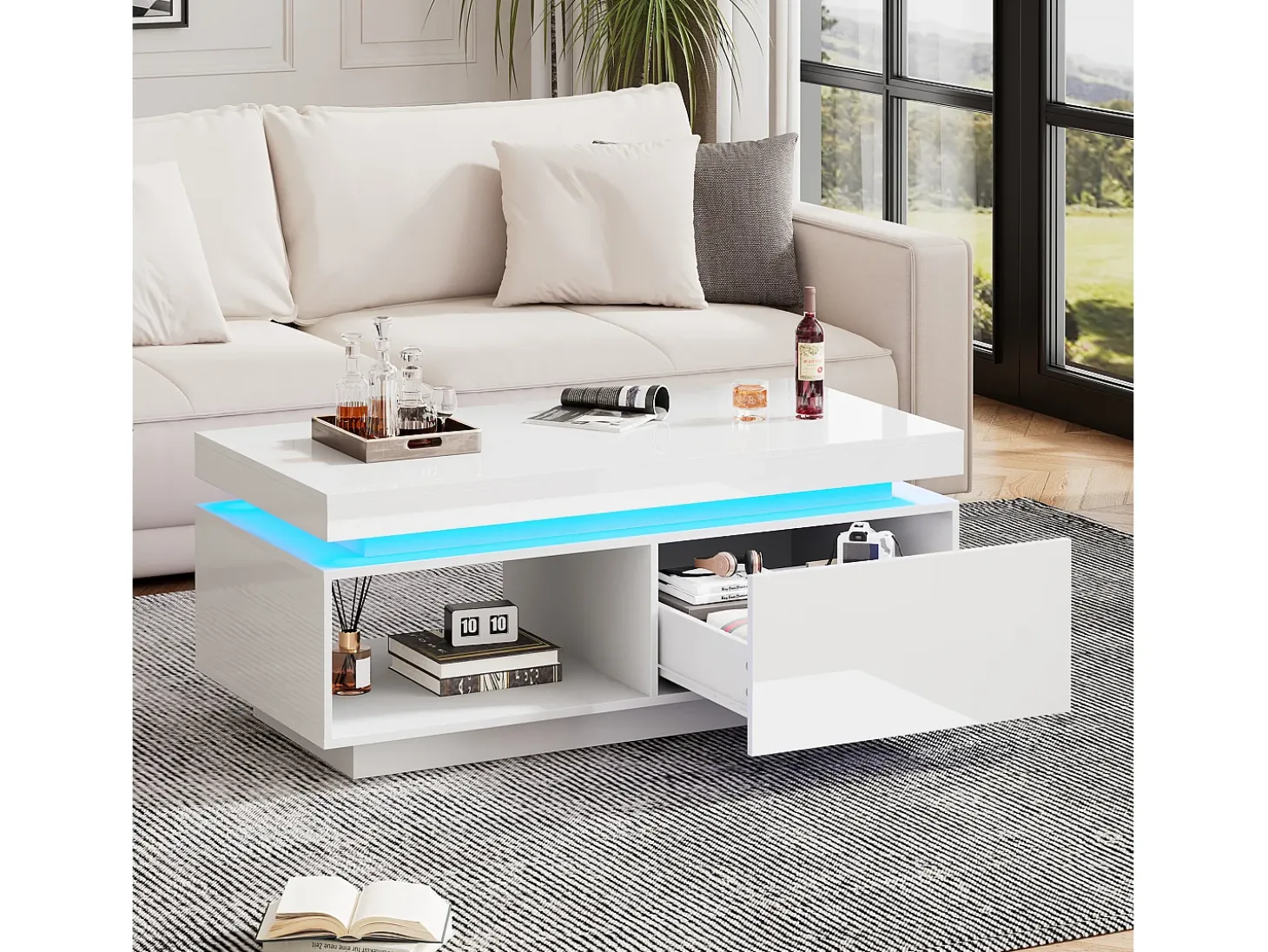Mesa de centro moderna con iluminación LED, 2 cajones, paneles acrílicos, color blanco (100x50x40,3 cm)