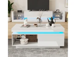 Mesa de centro moderna con iluminación LED, 2 cajones, paneles acrílicos, color blanco (100x50x40,3 cm)
